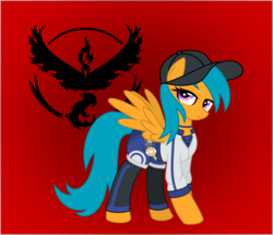 Size: 1024x882 | Tagged: safe, artist:vinylbecks, drizzledrips, moltres, pegasus, pony, g4, background pony, baseball cap, cap, clothes, female, hat, mare, pokémon, pokémon go, red background, simple background, solo, team valor