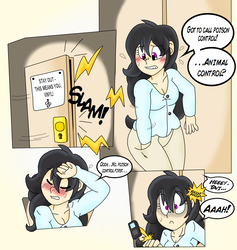 Size: 2082x2195 | Tagged: safe, artist:blackbewhite2k7, octavia melody, human, comic:vinyl's new groove, g4, button-up shirt, cellphone, clothes, comic, commission, dialogue, dizzy, door, drugged, female, high res, human female, human to pony, humanized, imminent transformation, knocking, leaning, light skin, offscreen character, pants, phone, shirt, sign, speech bubble, surprised