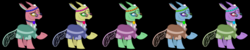 Size: 5000x1000 | Tagged: safe, artist:sketchmcreations, color edit, edit, tymbal, changedling, changeling, g4, to change a changeling, clothes, colored, flower, flower in hair, glasses, headband, hippieling, hue, lidded eyes, palette swap, raised hoof, recolor, simple background, vector