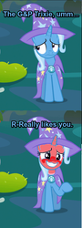 Size: 410x1135 | Tagged: safe, edit, edited screencap, screencap, trixie, g4, 1000 hours in ms paint, blushing, blushing profusely, bronybait, female, ms paint, solo, talking to viewer