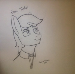 Size: 1920x1916 | Tagged: safe, artist:legionhooves, artist:legionhooves122, oc, oc only, oc:brony tanker, bust, clothes, cute, looking at something, male, monochrome, solo, stallion, traditional art, uniform