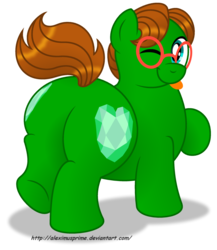 Size: 1024x1180 | Tagged: safe, artist:aleximusprime, oc, oc only, oc:emerald mask, earth pony, pony, butt, chubby, earth pony oc, glasses, male, one eye closed, plot, simple background, solo, the ass was fat, tongue out, transparent background, wink