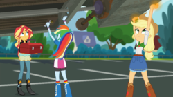 Size: 1280x720 | Tagged: safe, screencap, applejack, rainbow dash, sunset shimmer, eqg summertime shorts, equestria girls, g4, get the show on the road, clothes, cowboy hat, female, geode of super strength, hat, lifting, school bus, stetson