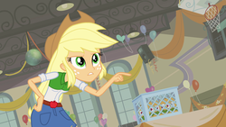 Size: 1920x1080 | Tagged: safe, screencap, applejack, equestria girls, g4, my little pony equestria girls, apple cider, auditorium, canterlot high, clothes, container, cowboy hat, denim skirt, female, freckles, hat, skirt, solo, stetson