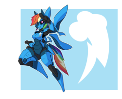 Size: 2260x1837 | Tagged: safe, artist:rubbermage, rainbow dash, robot, anthro, blue background, female, flying, gift art, glowing eyes, mecha, roboticization, salute, simple background, solo