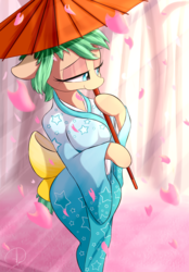Size: 1180x1700 | Tagged: safe, artist:phuocthiencreation, oc, oc only, anthro, unguligrade anthro, anthro oc, arm hooves, cherry blossoms, clothes, commission, curvy, female, flower, flower blossom, kimono (clothing), lidded eyes, mare, smiling, solo, tree, umbrella, ych result