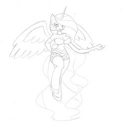 Size: 1913x1872 | Tagged: safe, artist:rubbermage, princess celestia, anthro, unguligrade anthro, g4, barbie doll anatomy, breasts, busty princess celestia, female, hips, simple background, sketch, solo