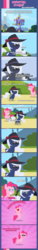 Size: 1205x7932 | Tagged: safe, artist:estories, pinkie pie, oc, oc:holly, pony, umbra pony, g4, comic, fedora, female, fourth wall, hat, mare, pointy ponies, smiling, sunglasses, twilight's castle