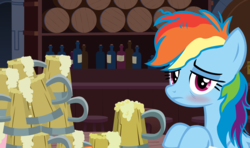 Size: 2860x1698 | Tagged: safe, artist:slb94, rainbow dash, pegasus, pony, g4, alcohol, alcoholism, alternate hairstyle, bar, blushing, cider, dashaholic, drunk, drunker dash, female, lidded eyes, looking at you, mare, messy mane, sad, show accurate, tired