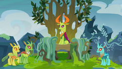 Size: 1920x1080 | Tagged: safe, screencap, arista, clypeus, cornicle, thorax, changedling, changeling, g4, to change a changeling, background changeling, changeling hive, court, king thorax, sitting, throne, tree, vine
