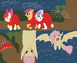 Size: 900x730 | Tagged: safe, artist:cvqt314, apple bloom, fluttershy, scootaloo, sweetie belle, bat pony, pony, g4, apple, apple costume, clothes, costume, cutie mark crusaders, dialogue, flutterbat, food, food costume, imminent vore, open mouth, person as food, race swap, tongue out, vorepire