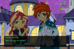 Size: 1231x815 | Tagged: safe, artist:fantasygerard2000, sunburst, sunset shimmer, equestria girls, g4, anime, brother and sister, cape, clothes, duo, equestria girls-ified, female, glasses, headcanon, i knew it, jacket, looking at you, male, night, possible relation, relationship, shirt, siblings, sunny siblings, train station, twins