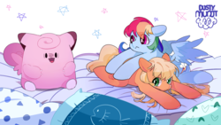Size: 1416x800 | Tagged: safe, artist:dusty-munji, applejack, rainbow dash, clefairy, earth pony, pegasus, pony, g4, :<, female, loose hair, lying, lying on top of someone, mare, missing accessory, pillow, plushie, pokémon, spread wings, trio, wings