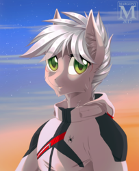 Size: 975x1200 | Tagged: safe, artist:margony, oc, oc only, anthro, anthro oc, clothes, cloud, commission, looking at you, male, sky, smiling, solo, stallion, stars