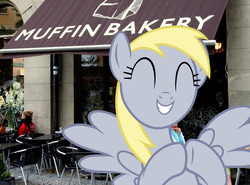 Size: 1372x1016 | Tagged: safe, derpy hooves, pegasus, pony, g4, bakery, irl, muffin, photo, ponies in real life, smiling, that pony sure does love muffins