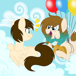 Size: 2000x2000 | Tagged: safe, artist:azure-art-wave, oc, oc only, oc:allie, oc:liv, earth pony, pegasus, pony, acoustic guitar, balloon, cloud, female, gift art, guitar, high res, looking at each other, mare, musical instrument, open mouth, prone, sky, smiling, surprised