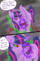 Size: 1024x1536 | Tagged: safe, artist:jeyjeymohr, twilight sparkle, alicorn, pony, comic:crownless, g4, colored horn, comic, curved horn, dark magic, dialogue, disembodied horn, horn, magic, magic circle, runes, severed horn, sombra eyes, sombra's horn, twilight sparkle (alicorn)
