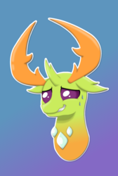 Size: 1560x2325 | Tagged: safe, artist:ljdamz1119, thorax, changedling, changeling, g4, blue background, bust, gradient background, grin, king thorax, male, nervous, nervous smile, smiling, solo, sweat