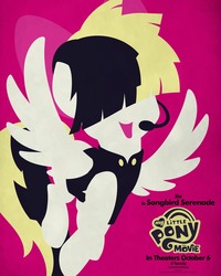 Size: 1500x1875 | Tagged: safe, songbird serenade, pegasus, pony, g4, my little pony: the movie, official, bow, female, flying, hair bow, headworn microphone, hooves, lineless, mare, minimalist, modern art, movie poster, my little pony logo, open mouth, poster, red background, sia (singer), simple background, solo, spread wings, wings