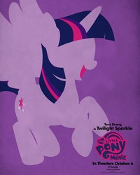 Size: 1500x1875 | Tagged: safe, twilight sparkle, alicorn, pony, g4, my little pony: the movie, official, female, hooves, horn, lineless, mare, minimalist, modern art, movie poster, my little pony logo, open mouth, poster, purple background, simple background, solo, spread wings, tara strong, twilight sparkle (alicorn), wings