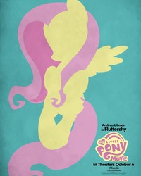 Size: 1500x1875 | Tagged: safe, fluttershy, pegasus, pony, g4, my little pony: the movie, official, andrea libman, blue background, female, hooves, lineless, mare, minimalist, modern art, movie poster, my little pony logo, poster, simple background, solo, spread wings, wings