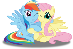 Size: 1500x1000 | Tagged: safe, artist:spellboundcanvas, fluttershy, rainbow dash, fame and misfortune, g4, cute, dashabetes, duo, flawless, hug, one eye closed, shyabetes, simple background, transparent background, vector, wink
