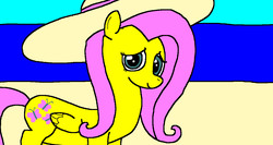 Size: 1214x648 | Tagged: safe, artist:samueljcollins1990, fluttershy, pegasus, pony, g4, beach, cute, female, hat, looking at you, smiling, solo