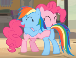 Size: 596x450 | Tagged: safe, screencap, pinkie pie, rainbow dash, earth pony, pegasus, pony, daring done?, g4, bipedal, bipedal leaning, butt, butt touch, cropped, cute, eyes closed, female, happy, hoof on butt, hug, leaning, mare, open mouth, plot, rainbutt dash, smiling, weapons-grade cute