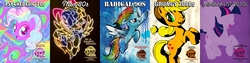 Size: 4095x1024 | Tagged: safe, applejack, rainbow dash, songbird serenade, spike, twilight sparkle, alicorn, dragon, pony, g4, my little pony: the movie, '90s, 2000s, 2010s, 70s, 80s, comparison, decade, headworn microphone, movie poster, poster, twilight sparkle (alicorn)