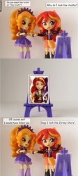Size: 780x1748 | Tagged: safe, artist:whatthehell!?, edit, adagio dazzle, sunset shimmer, equestria girls, g4, boots, bracelet, clothes, doll, dress, easel, equestria girls minis, eqventures of the minis, irl, jacket, jewelry, merchandise, paint, photo, shoes, skirt, toy