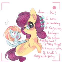 Size: 845x837 | Tagged: safe, artist:pinkablue, posey shy, windy whistles, pegasus, pony, g4, accessory, blushing, camera, camera shot, cute, date, duo, encouraging, female, glasses, implied mr. shy, mare, one eye closed, open mouth, wink, younger