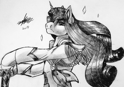 Size: 3390x2380 | Tagged: safe, artist:brainiac, rarity, pony, unicorn, g4, black and white, brainiacs sketchbook (set), clothes, crossover, female, grayscale, high res, kill la kill, mare, monochrome, ponified, rarity day, satsuki kiryuin, solo, sword, traditional art, weapon