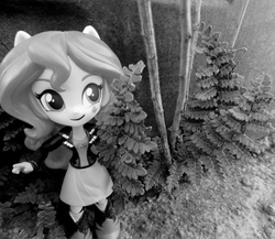 Size: 863x750 | Tagged: safe, artist:whatthehell!?, sunset shimmer, equestria girls, g4, black and white, clothes, doll, equestria girls minis, eqventures of the minis, fern, grayscale, irl, jacket, merchandise, monochrome, photo, plants, skirt, toy
