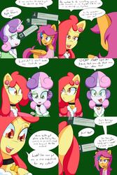 Size: 1600x2400 | Tagged: safe, artist:jake heritagu, apple bloom, scootaloo, sweetie belle, earth pony, pony, comic:ask motherly scootaloo, g4, ask, clothes, comic, cutie mark crusaders, female, hairpin, lesbian, medallion, motherly scootaloo, ship:sweetiebloom, shipping, sweater, sweatshirt