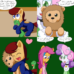 Size: 1600x1600 | Tagged: safe, artist:jake heritagu, scootaloo, sweetie belle, oc, oc:lightning blitz, big cat, dinosaur, lion, pegasus, pony, comic:ask motherly scootaloo, g4, baby, baby pony, chewing, clothes, colt, comic, crying, eating, green background, hairpin, heart, hug, male, medallion, motherly scootaloo, nightgown, offspring, older, older scootaloo, older sweetie belle, parent:rain catcher, parent:scootaloo, parents:catcherloo, plushie, simple background, sweater, sweatshirt, toy