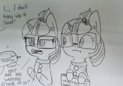 Size: 1487x1049 | Tagged: safe, artist:tjpones, moondancer, sci-twi, twilight sparkle, pony, unicorn, series:sciset diary, equestria girls, g4, alternate hairstyle, clothes, dialogue, duo, equestria girls ponified, female, glasses, grayscale, hoof hold, monochrome, offscreen character, ponified, spot the imposter, sweater, traditional art, unamused, unicorn sci-twi, watergun