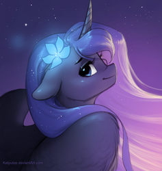Size: 1211x1277 | Tagged: safe, artist:katputze, princess luna, alicorn, pony, g4, bust, female, floppy ears, flower, flower in hair, looking at you, looking over shoulder, mare, portrait, profile, solo, spread wings, wings