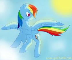 Size: 979x816 | Tagged: safe, artist:azure-quill, rainbow dash, g4, cloud, female, flying, glowing, shading, sky, smiling, solo, sun