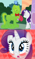 Size: 3432x5836 | Tagged: safe, artist:badumsquish, derpibooru exclusive, rarity, smooze, goo pony, monster pony, original species, pony, unicorn, g4, :o, blushing, bouquet, bowtie, carousel boutique, female, handsome, hat, heart, male, open mouth, ponified, rarismooze, shapeshifting, shipping, straight, this will end in a date, top hat, wide eyes