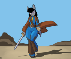 Size: 2328x1944 | Tagged: safe, artist:rubbermage, oc, oc only, oc:queen size, anthro, unguligrade anthro, clothes, coat, fallout, jumpsuit, sword, trenchcoat, vault suit, weapon