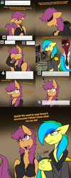 Size: 1500x3750 | Tagged: safe, artist:conmanwolf, scootaloo, oc, oc:aurora dawn, oc:dr. atmosphere, oc:green, oc:little monster, draconequus, pegasus, pony, ask factory scootaloo, fanfic:rainbow factory, g4, clothes, comic, crying, factory scootaloo, idea, monitor, silhouette