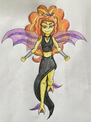 Size: 1976x2641 | Tagged: safe, artist:bozzerkazooers, adagio dazzle, equestria girls, g4, clothes, dress, eqg giants, fin wings, smiling, smirk, traditional art, webbed feet, wings