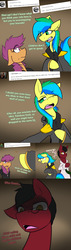 Size: 1500x5250 | Tagged: safe, artist:conmanwolf, scootaloo, oc, oc:aurora dawn, oc:dr. atmosphere, pegasus, pony, ask factory scootaloo, fanfic:rainbow factory, g4, clothes, comic, factory scootaloo
