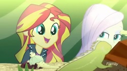 Size: 1364x768 | Tagged: safe, screencap, fluttershy, sunset shimmer, equestria girls, g4, my little pony equestria girls: summertime shorts, pet project, cute, female, happy, lidded eyes, shimmerbetes, shimmersmile, smiling