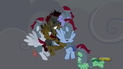 Size: 1920x1080 | Tagged: safe, screencap, albus, cerulean slate, flash magnus, iron eagle, olivine gemstone, verdigris, pegasus, pony, campfire tales, g4, burned, female, group hug, hug, male, mare, netitus, royal legion, shield, smoke, smoking, stallion