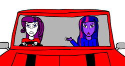 Size: 1214x648 | Tagged: safe, artist:samueljcollins1990, rarity, twilight sparkle, equestria girls, g4, classic mini, the italian job