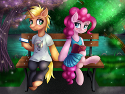 Size: 2000x1500 | Tagged: safe, artist:kruszynka25, pinkie pie, oc, earth pony, pony, unicorn, g4, bench, blushing, book, canon x oc, cellphone, clothes, dress, female, looking at each other, male, mare, meeting, park, phone, river, shy, smartphone, smiling, stallion, straight, sunshine, tree