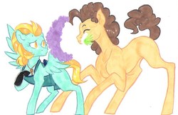 Size: 745x481 | Tagged: safe, artist:frozensoulpony, cheese sandwich, lightning dust, pony, g4, apron, bouquet, cheesedust, clothes, crack shipping, female, male, mouth hold, shipping, straight, traditional art