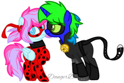 Size: 1016x682 | Tagged: safe, artist:bezziie, oc, oc only, oc:sarah, oc:strawberry pie, pegasus, pony, unicorn, base used, boop, chat noir, female, mare, miraculous ladybug, noseboop, simple background, transparent background