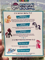 Size: 1536x2048 | Tagged: safe, applejack, pinkie pie, rainbow dash, rarity, tempest shadow, pony, g4, my little pony: the movie, alcohol, alliteration, dinner menu, fridge horror, hascon, irl, map of equestria, menu, photo, ponies eating meat, ponified, pretty pretty tempest, pun, the implications are horrible